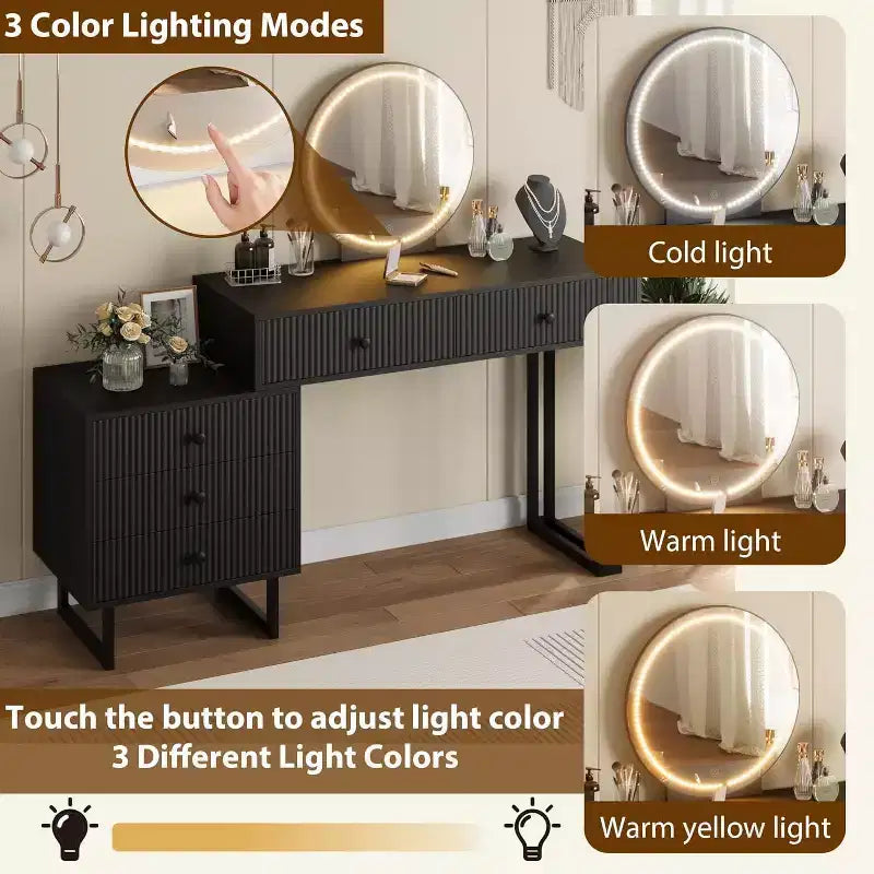 Une coiffeuse LED et un meuble de rangement coiffeuse avec éclairage tricolore