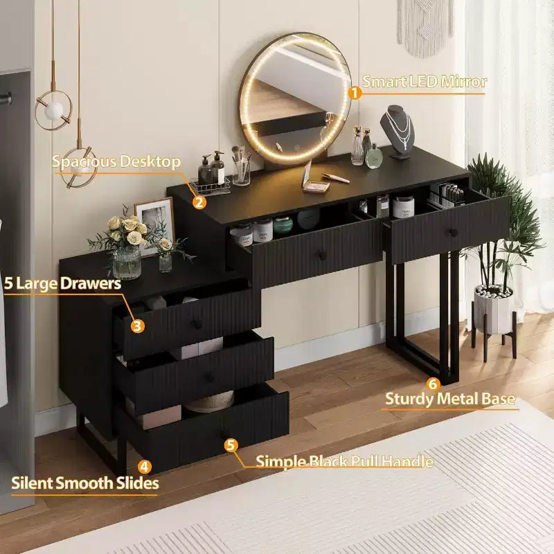 Une coiffeuse LED et un meuble de rangement coiffeuse avec éclairage tricolore
