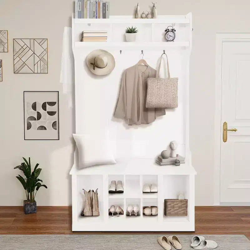 5-in-1 Farmhouse Hall Tree, Entryway Hall Tree, with Shoe Bench &amp; Coat Rack, 8 Shoe Storage Cube, 6 Hanging Hooks Coat Rack