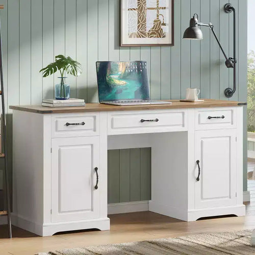Bureau de direction de 60 pouces avec tiroirs, bureau d'ordinateur de style champêtre (blanc antique - 1)