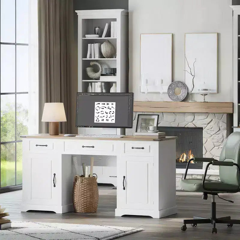 Bureau de direction de 60 pouces avec tiroirs, bureau d'ordinateur de style champêtre (blanc antique - 1)