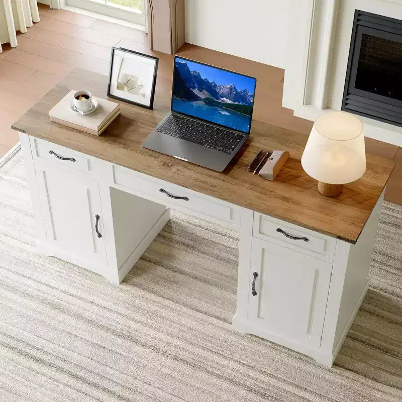 Bureau de direction de 60 pouces avec tiroirs, bureau d'ordinateur de style champêtre (blanc antique - 1)