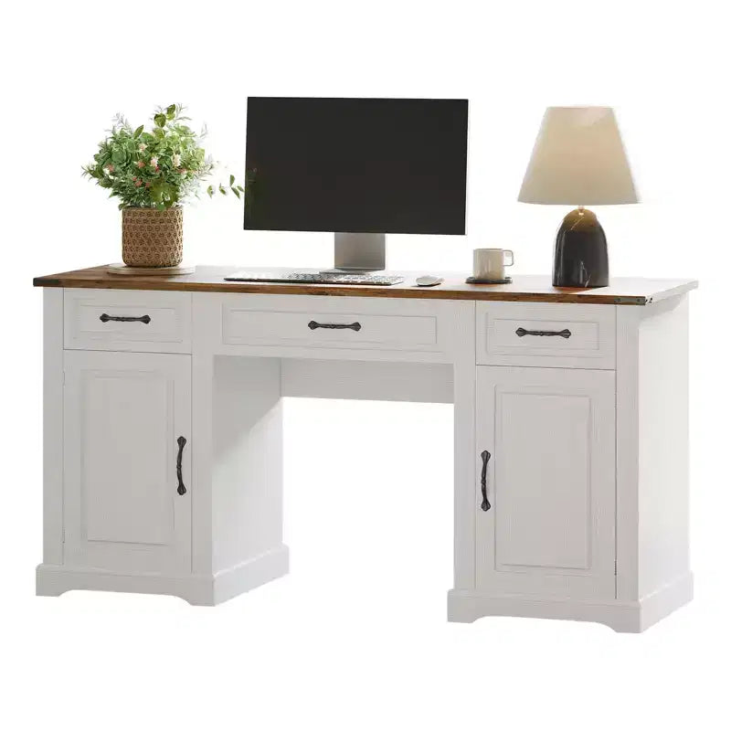 Bureau de direction de 60 pouces avec tiroirs, bureau d'ordinateur de style champêtre (blanc antique - 1)
