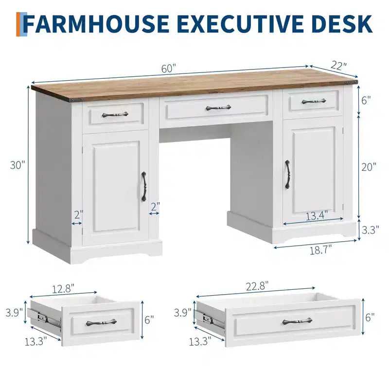 Bureau de direction de 60 pouces avec tiroirs, bureau d'ordinateur de style champêtre (blanc antique - 1)
