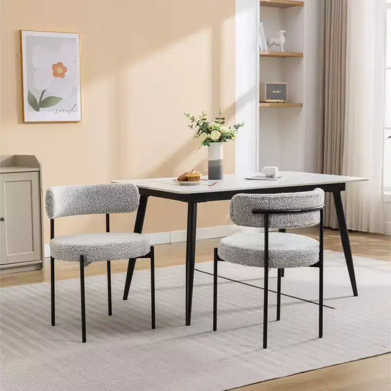 Chaise de salle à manger moderne en tissu à dossier rond, avec coussins épais et pieds en métal ; chaise d'appoint confortable pour la cuisine ou le salon