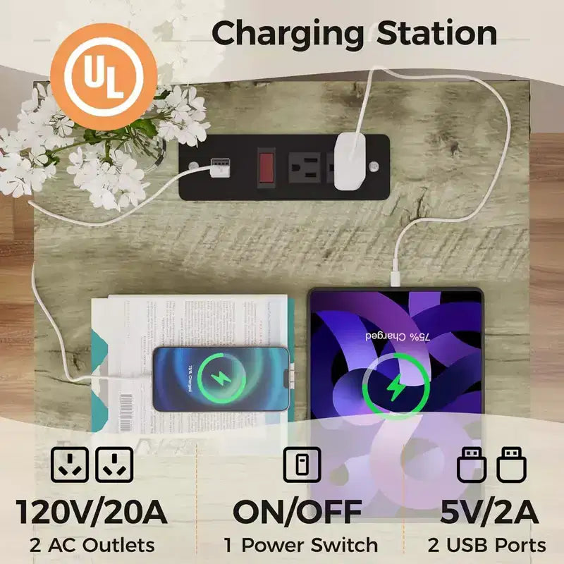Table de chevet de style ferme avec station de recharge, ensemble de tables d'appoint rustiques avec étagères et espace de rangement, adaptées à la chambre ou au bureau à domicile.