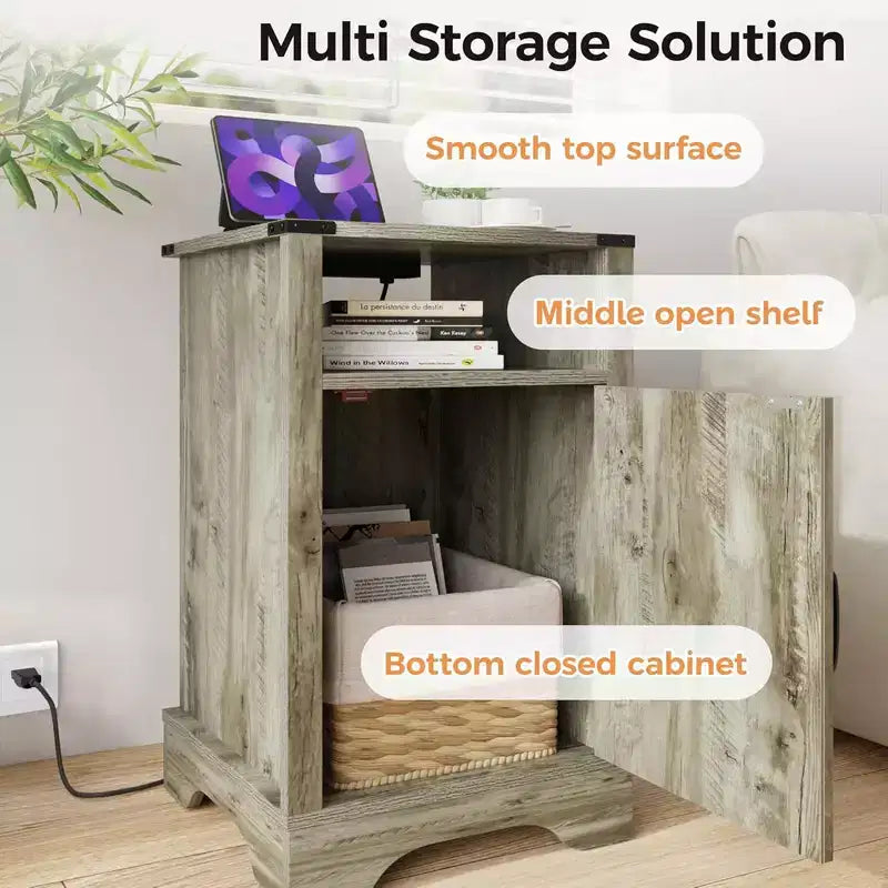 Table de chevet de style ferme avec station de recharge, ensemble de tables d'appoint rustiques avec étagères et espace de rangement, adaptées à la chambre ou au bureau à domicile.