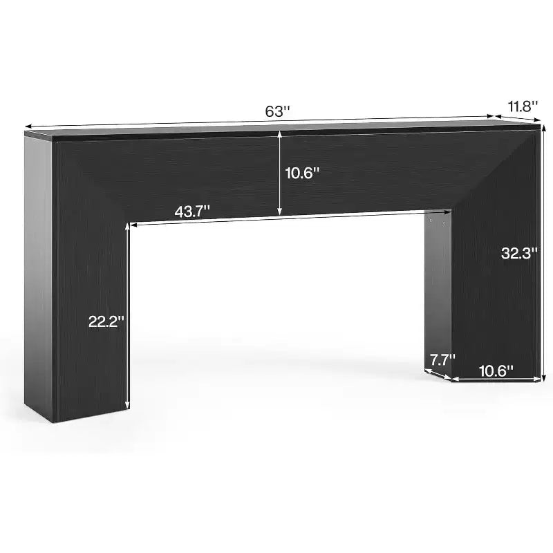 Console d'entrée, table de canapé extra-longue en bois noir de 63 pouces