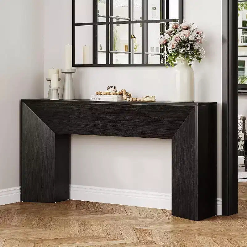 Console d'entrée, table de canapé extra-longue en bois noir de 63 pouces