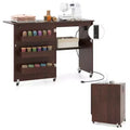 Costway Folding Sewing Machine Table Lockable Casters Rack with 3 Storage Bins &amp; Power Outlets White/Natural/Brown/White+Natural