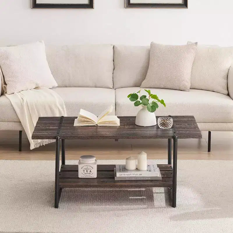 41 Rectangular Coffee Table with 2-Tier Storage, Walnut Brown Top &amp; Black Steel Frame, Sturdy &amp; Space-Saving for Living Room, Office, Apartment