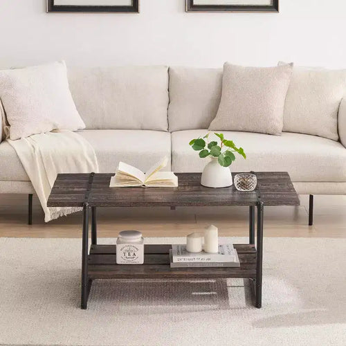 41 Rectangular Coffee Table with 2-Tier Storage, Walnut Brown Top &amp; Black Steel Frame, Sturdy &amp; Space-Saving for Living Room, Office, Apartment