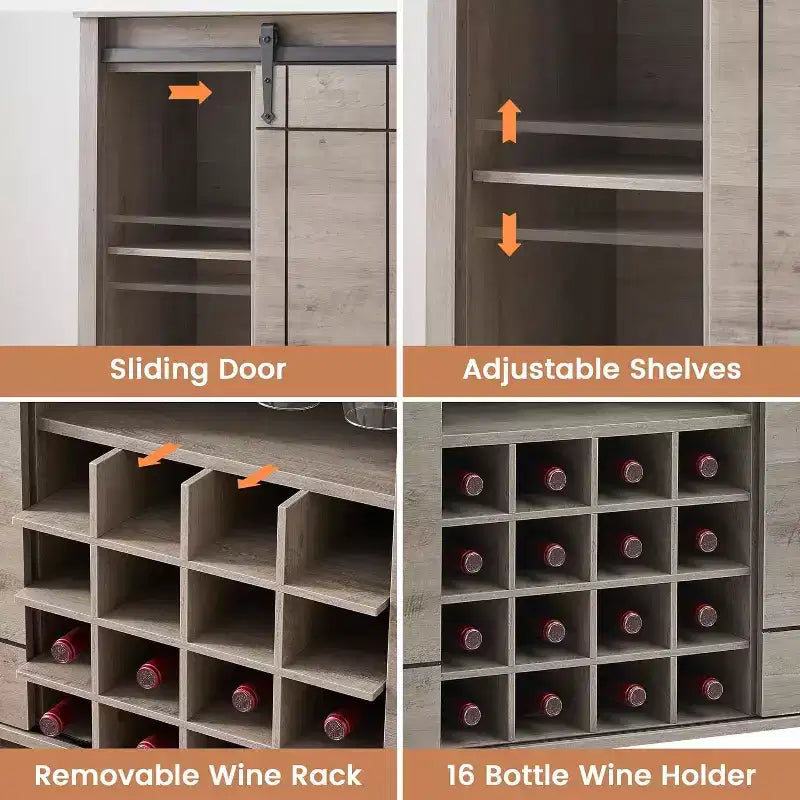 Buffet-bahut de 47 pouces avec porte coulissante de style grange, meuble de rangement de style ferme avec étagères réglables