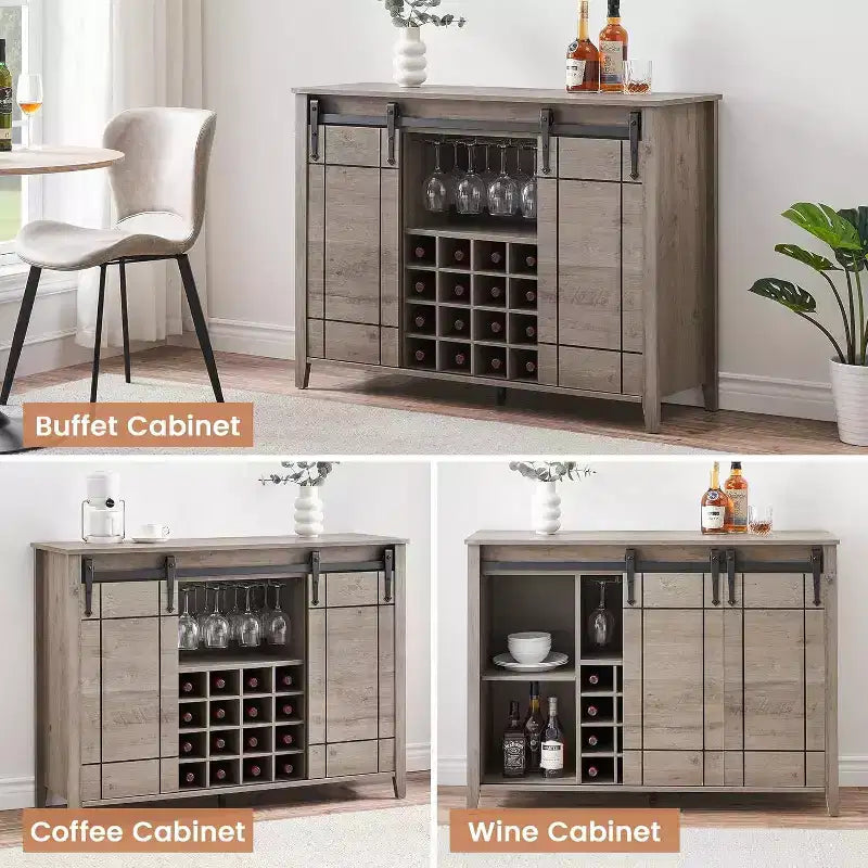 Buffet-bahut de 47 pouces avec porte coulissante de style grange, meuble de rangement de style ferme avec étagères réglables