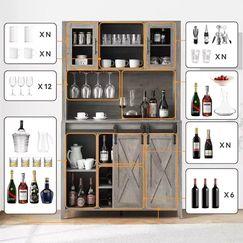 Cave à vin de 70 pouces avec armoires de rangement, porte coulissante façon grange, étagères réglables et porte-verres