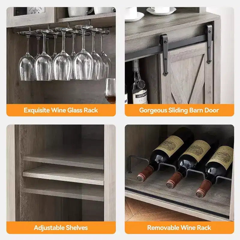 Cave à vin de 70 pouces avec armoires de rangement, porte coulissante façon grange, étagères réglables et porte-verres