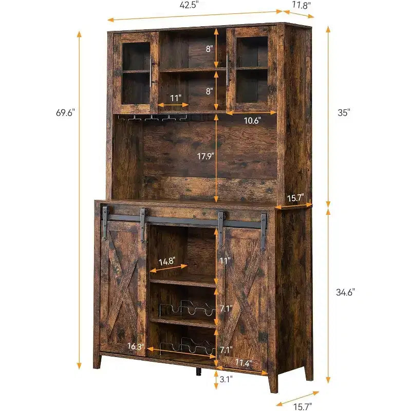 Cave à vin de 70 pouces avec armoires de rangement, porte coulissante façon grange, étagères réglables et porte-verres