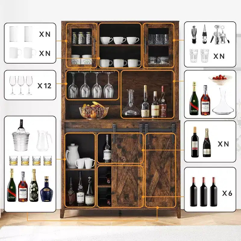 Cave à vin de 70 pouces avec armoires de rangement, porte coulissante façon grange, étagères réglables et porte-verres