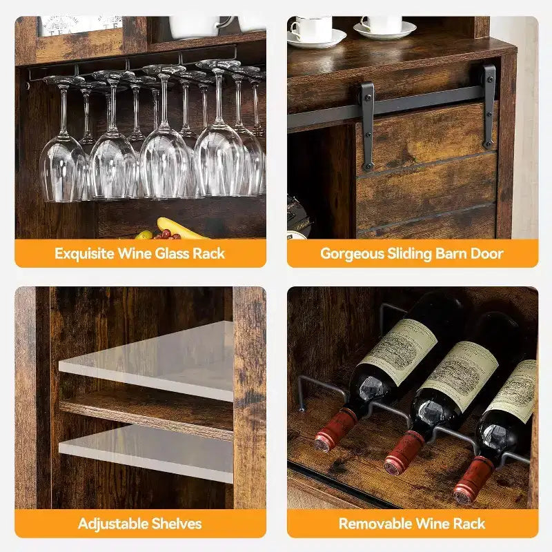 Cave à vin de 70 pouces avec armoires de rangement, porte coulissante façon grange, étagères réglables et porte-verres