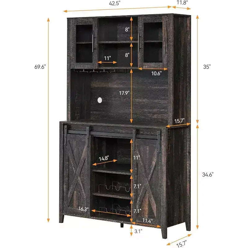 Cave à vin de 70 pouces avec armoires de rangement, porte coulissante façon grange, étagères réglables et porte-verres