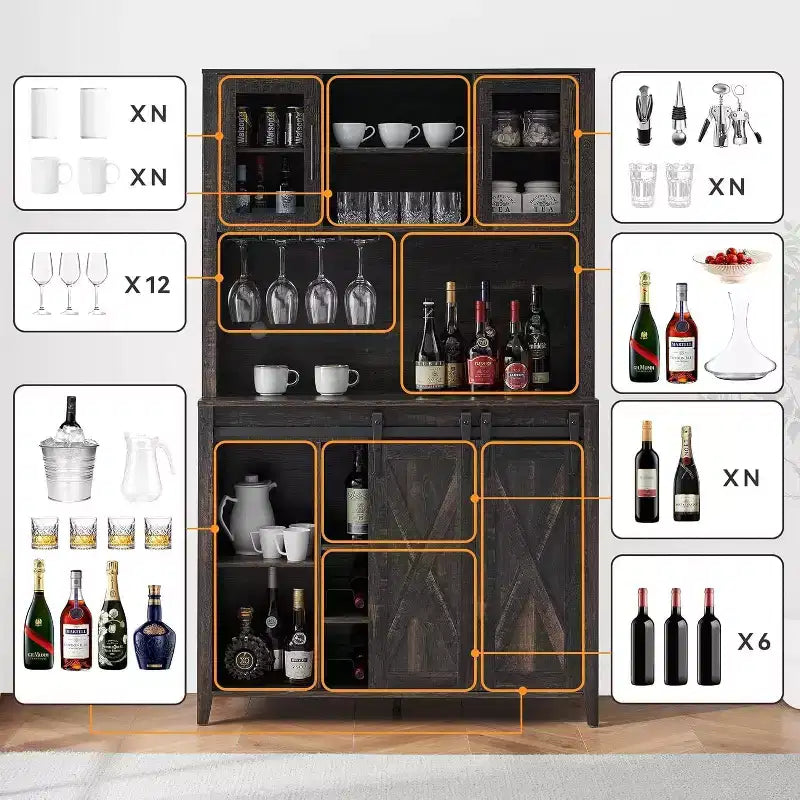 Cave à vin de 70 pouces avec armoires de rangement, porte coulissante façon grange, étagères réglables et porte-verres
