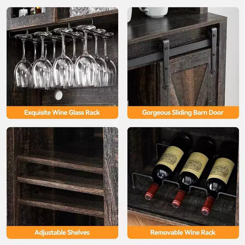 Cave à vin de 70 pouces avec armoires de rangement, porte coulissante façon grange, étagères réglables et porte-verres