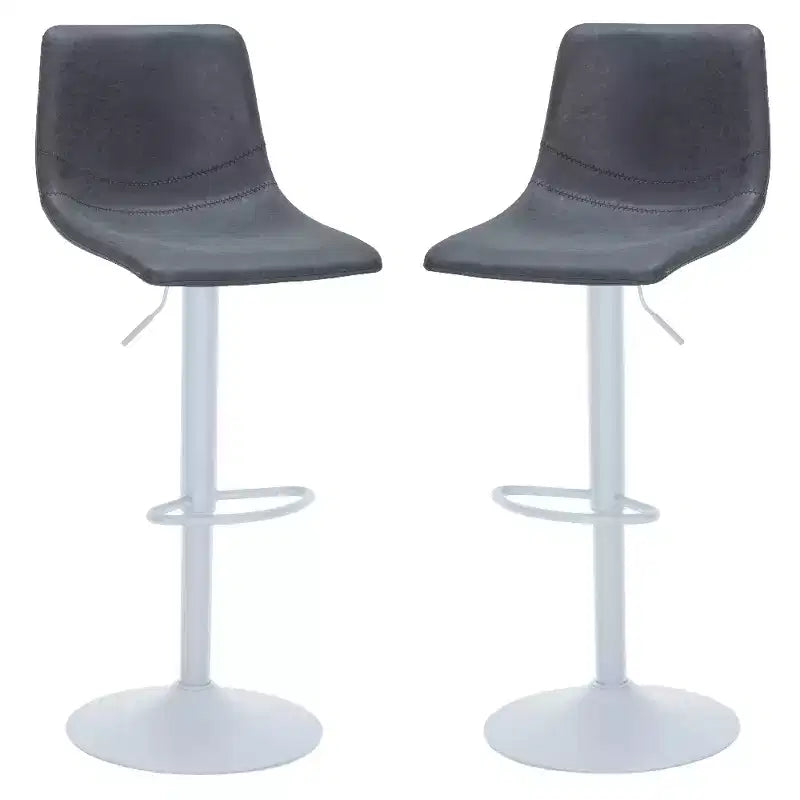 LeisureMod Tilbury Bar Stools with White Iron Base  Adjustable Height Counter Stools with Leather Seat, Swivel Function &amp; Footrest Set of 2