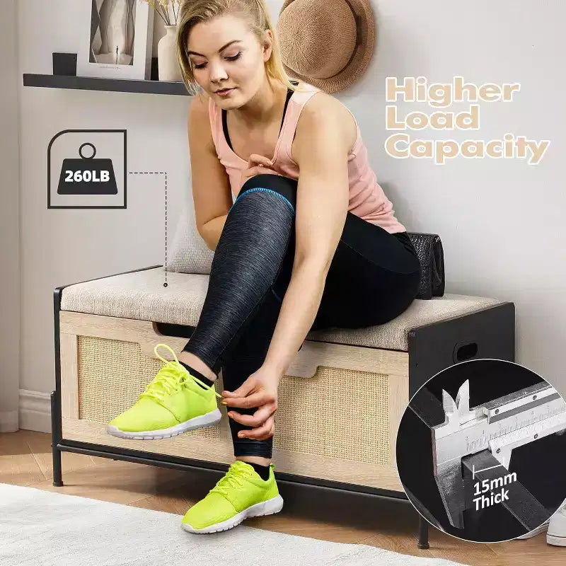 Banc de rangement en osier avec charnières de sécurité, banc à chaussures rembourré pour entrée et coffre de rangement