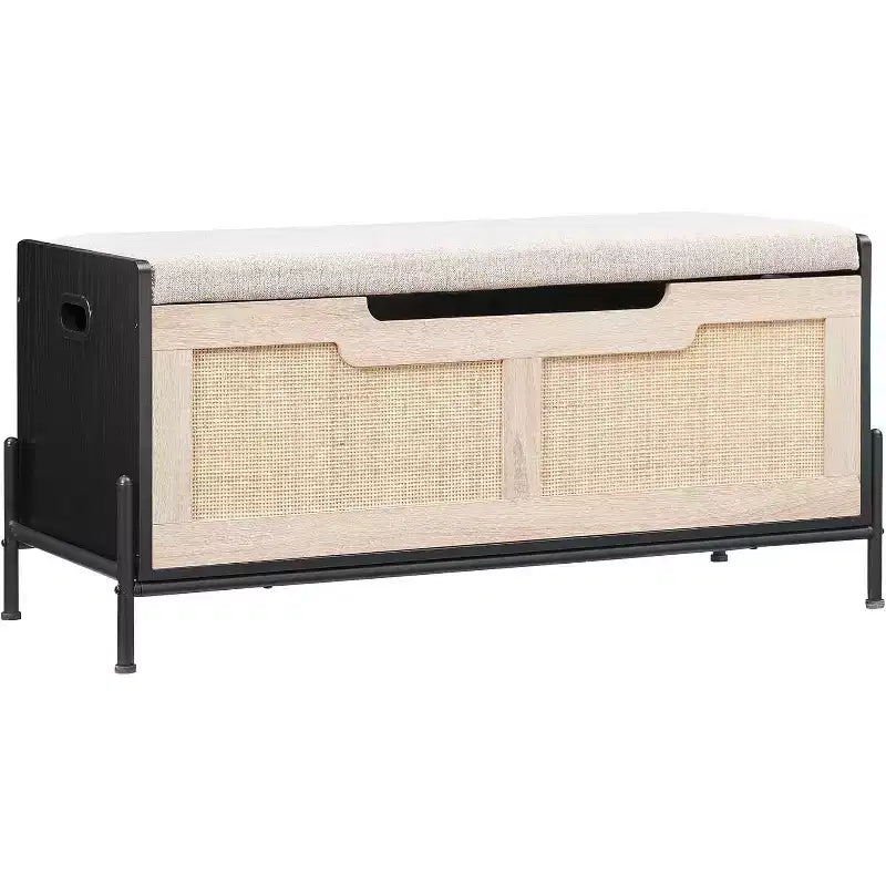 Banc de rangement en osier avec charnières de sécurité, banc à chaussures rembourré pour entrée et coffre de rangement