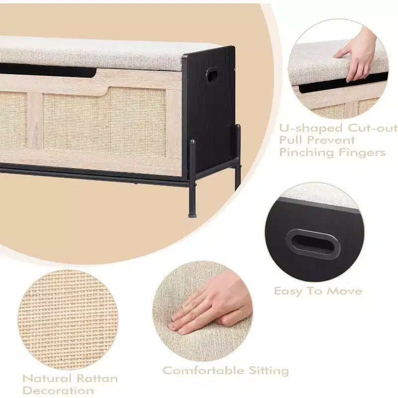 Banc de rangement en osier avec charnières de sécurité, banc à chaussures rembourré pour entrée et coffre de rangement
