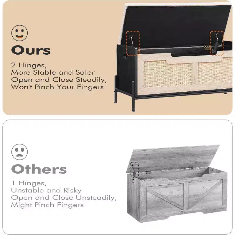 Banc de rangement en osier avec charnières de sécurité, banc à chaussures rembourré pour entrée et coffre de rangement