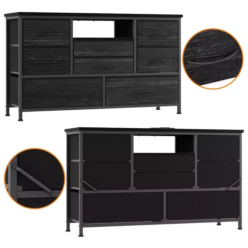 Commode à cinq tiroirs avec boîte de rangement en tissu, convient pour un meuble TV/centre de divertissement de 55 pouces