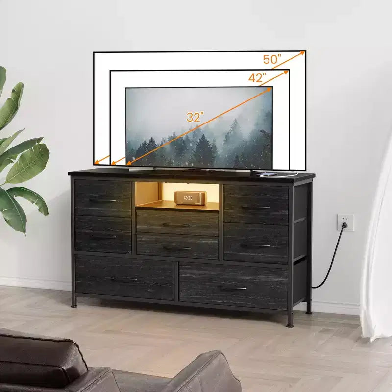 Commode à cinq tiroirs avec boîte de rangement en tissu, convient pour un meuble TV/centre de divertissement de 55 pouces