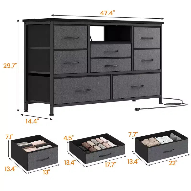 Commode à cinq tiroirs avec boîte de rangement en tissu, convient pour un meuble TV/centre de divertissement de 55 pouces