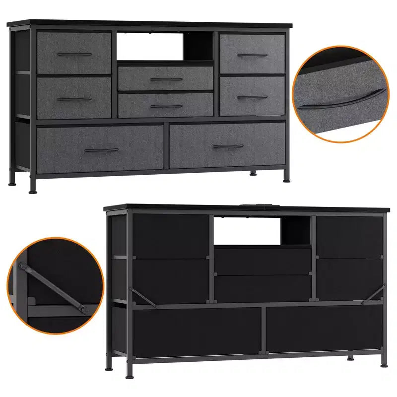 Commode à cinq tiroirs avec boîte de rangement en tissu, convient pour un meuble TV/centre de divertissement de 55 pouces