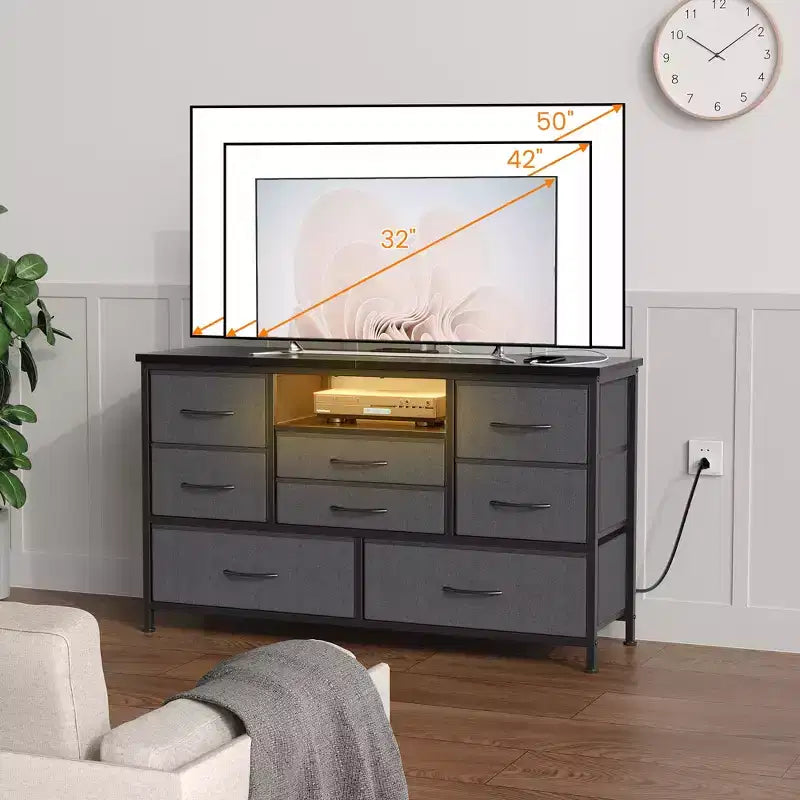 Commode à cinq tiroirs avec boîte de rangement en tissu, convient pour un meuble TV/centre de divertissement de 55 pouces