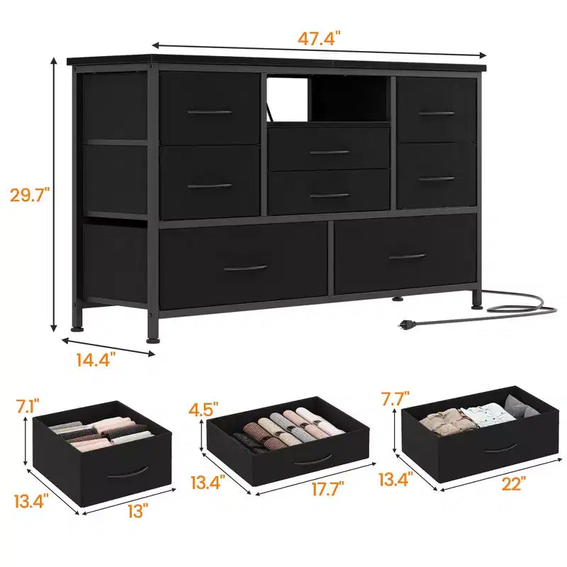 Commode à cinq tiroirs avec boîte de rangement en tissu, convient pour un meuble TV/centre de divertissement de 55 pouces
