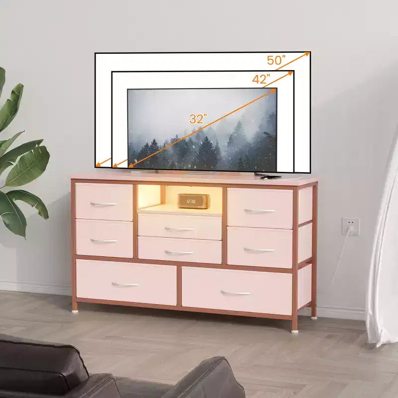 Commode à cinq tiroirs avec boîte de rangement en tissu, convient pour un meuble TV/centre de divertissement de 55 pouces