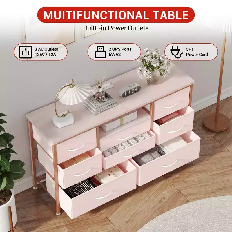 Commode à cinq tiroirs avec boîte de rangement en tissu, convient pour un meuble TV/centre de divertissement de 55 pouces