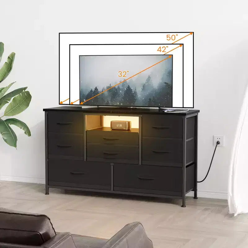 Commode à cinq tiroirs avec boîte de rangement en tissu, convient pour un meuble TV/centre de divertissement de 55 pouces