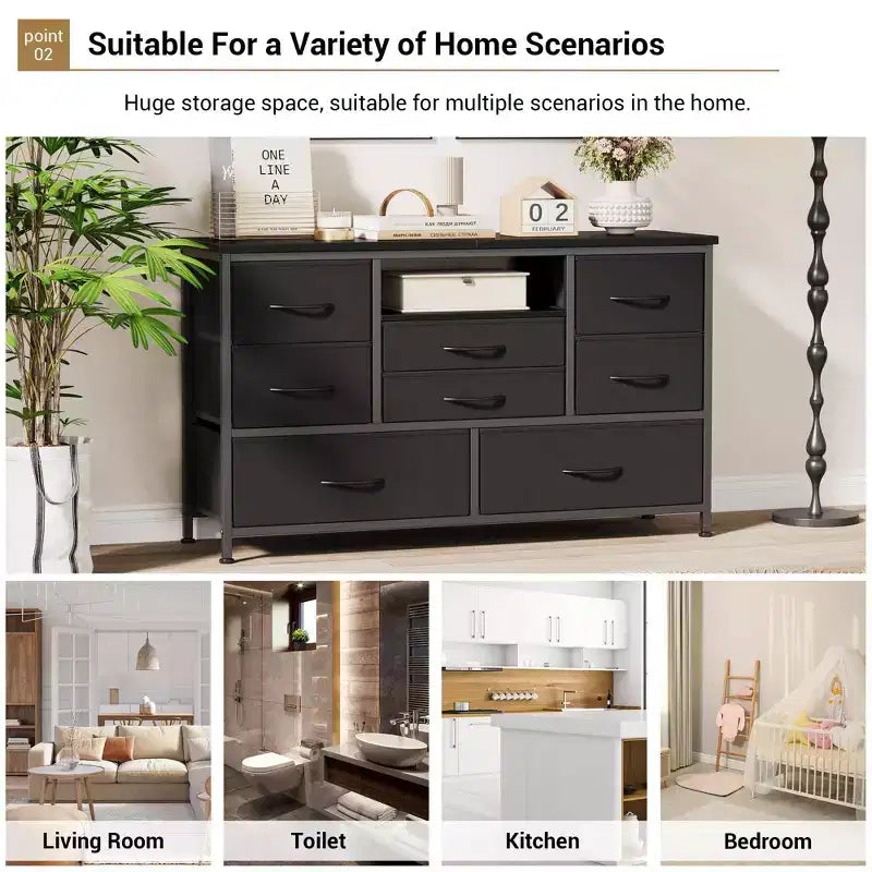Commode à cinq tiroirs avec boîte de rangement en tissu, convient pour un meuble TV/centre de divertissement de 55 pouces