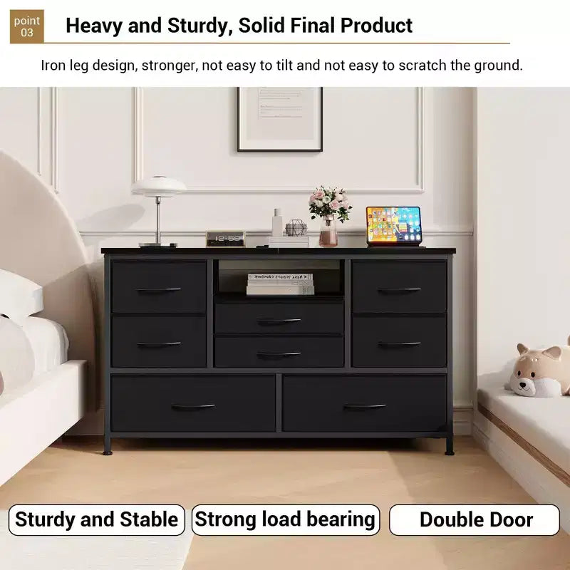 Commode à cinq tiroirs avec boîte de rangement en tissu, convient pour un meuble TV/centre de divertissement de 55 pouces