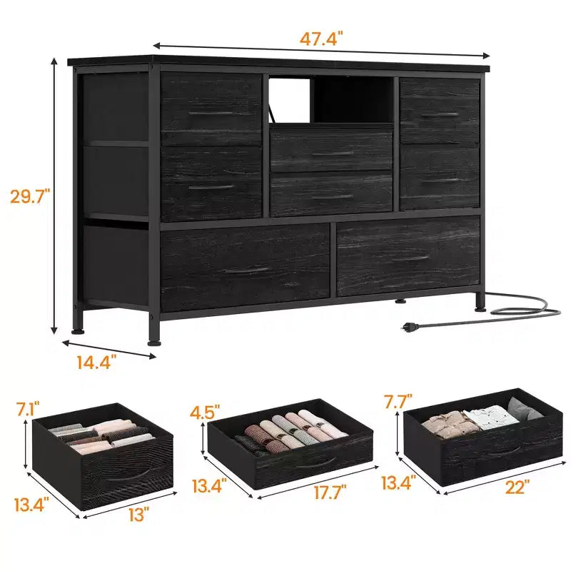 Commode à cinq tiroirs avec boîte de rangement en tissu, convient pour un meuble TV/centre de divertissement de 55 pouces