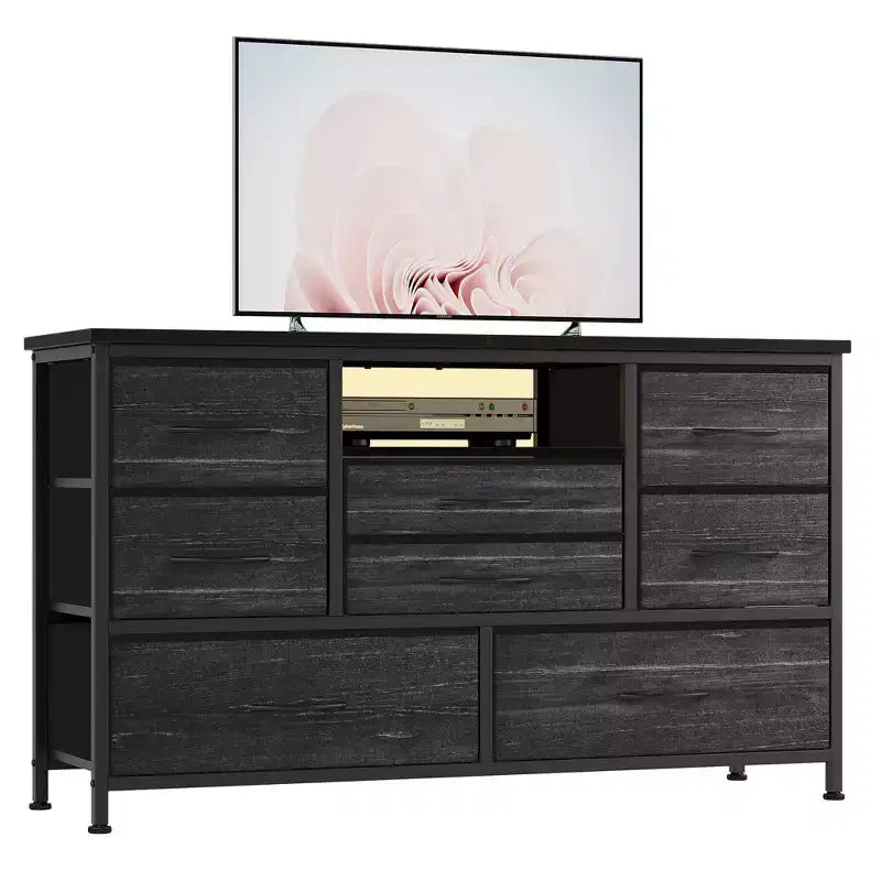 Commode à cinq tiroirs avec boîte de rangement en tissu, convient pour un meuble TV/centre de divertissement de 55 pouces
