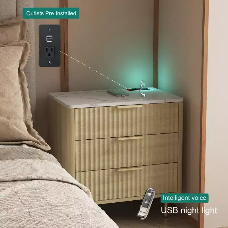 Table de chevet intelligente de 22 pouces avec station de recharge, dotée d'une veilleuse et d'une finition en grain de bois