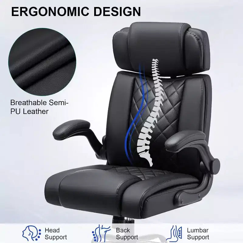 Chaise de bureau ergonomique, capacité de poids de 200 kg, chaise de direction, appui-tête réglable, accoudoirs escamotables