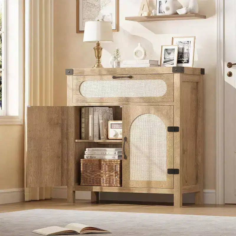 Rattan Sideboard Buffet Cabinet, with Drawer &amp; Farmhouse Coffee Bar for Dining &amp; Living Room, Natural Wood