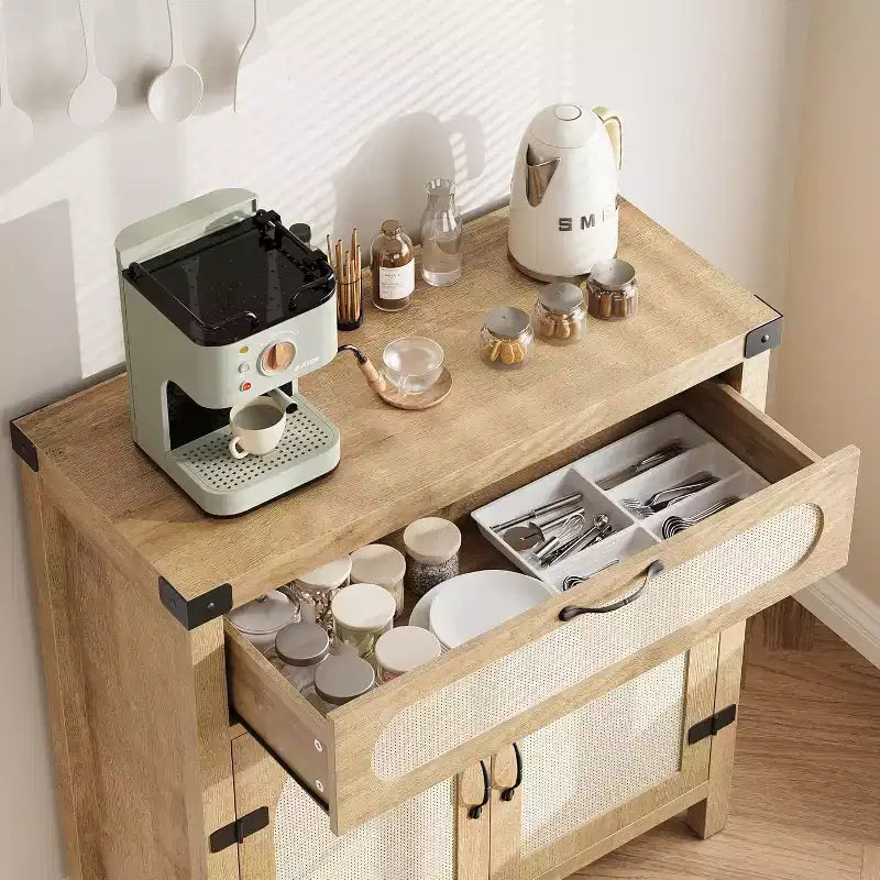 Buffet en osier avec tiroirs et bar à café de style fermier, convenant à la fois à la salle à manger et au salon