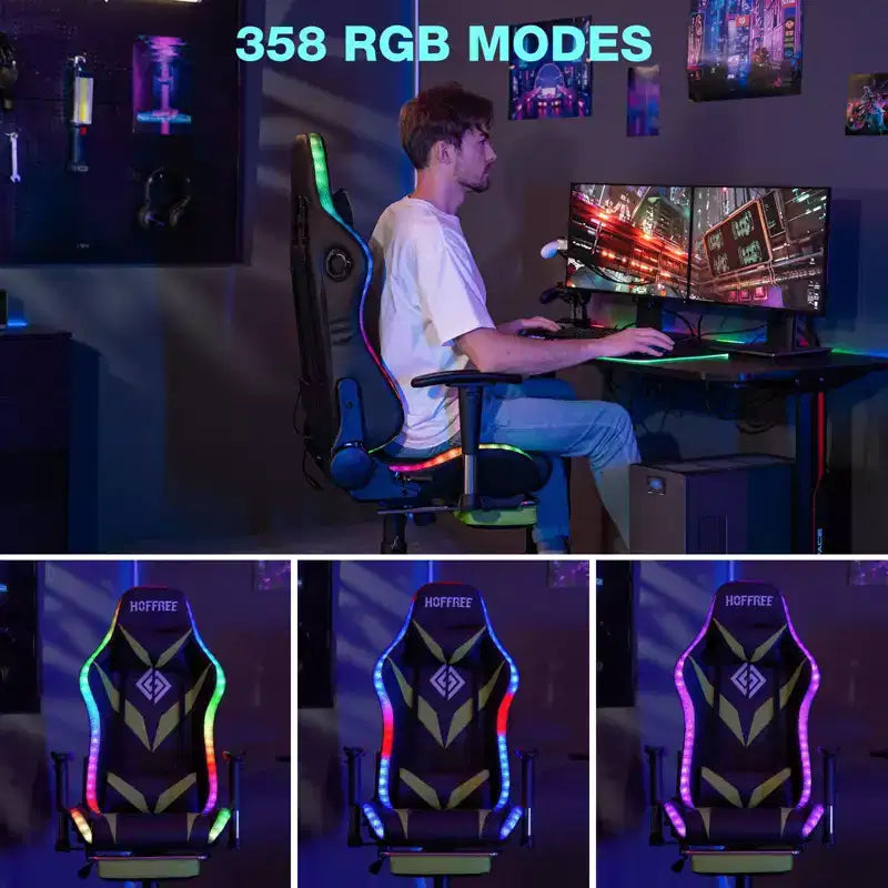 Fauteuil de massage relaxant, chaise gaming, fauteuil de bureau/ordinateur ergonomique avec haut-parleur Bluetooth et éclairage RGB