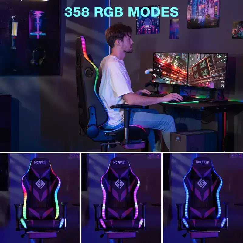 Fauteuil de massage relaxant, chaise gaming, fauteuil de bureau/ordinateur ergonomique avec haut-parleur Bluetooth et éclairage RGB